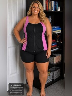 Swimsuits For All Aquabelle Zip Front Swim Top Black Pink 20W